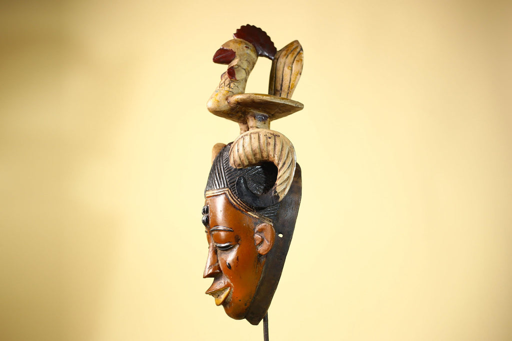 Large Guro Mask with Rooster Figure African Tribal Wood Carved Mask Art-G6048