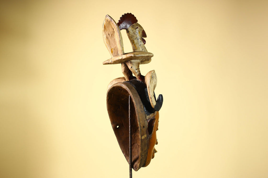 Large Guro Mask with Rooster Figure African Tribal Wood Carved Mask Art-G6048