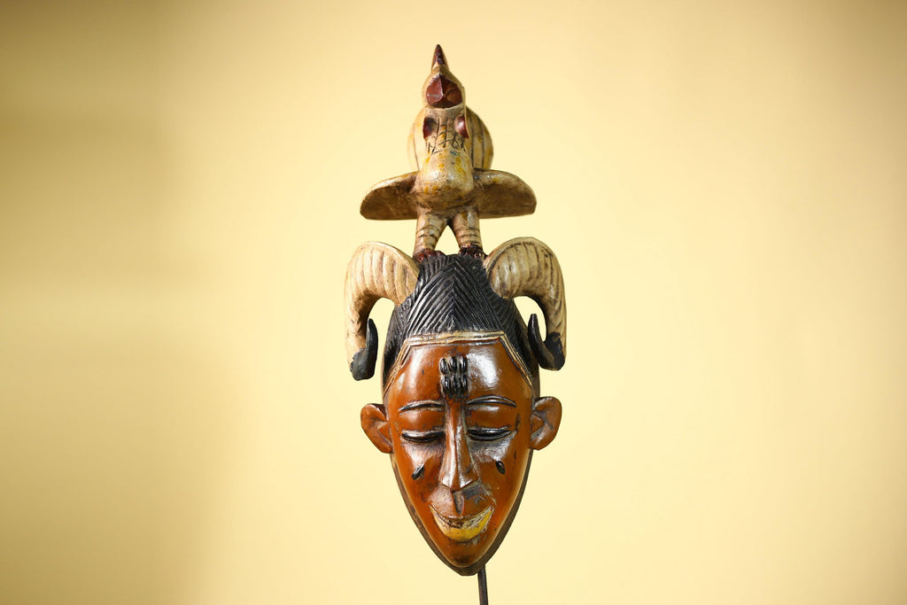 Large Guro Mask with Rooster Figure African Tribal Wood Carved Mask Art-G6048