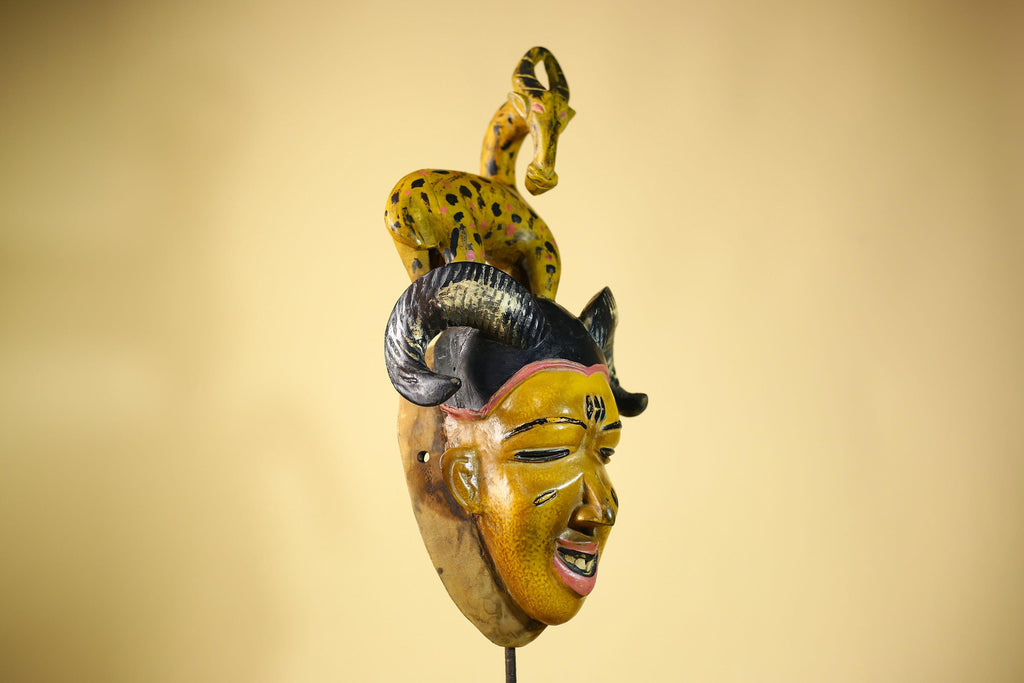 African Vintage Guro Tribal Mask with Spotted Antelope and Horns Figure Art-G6049