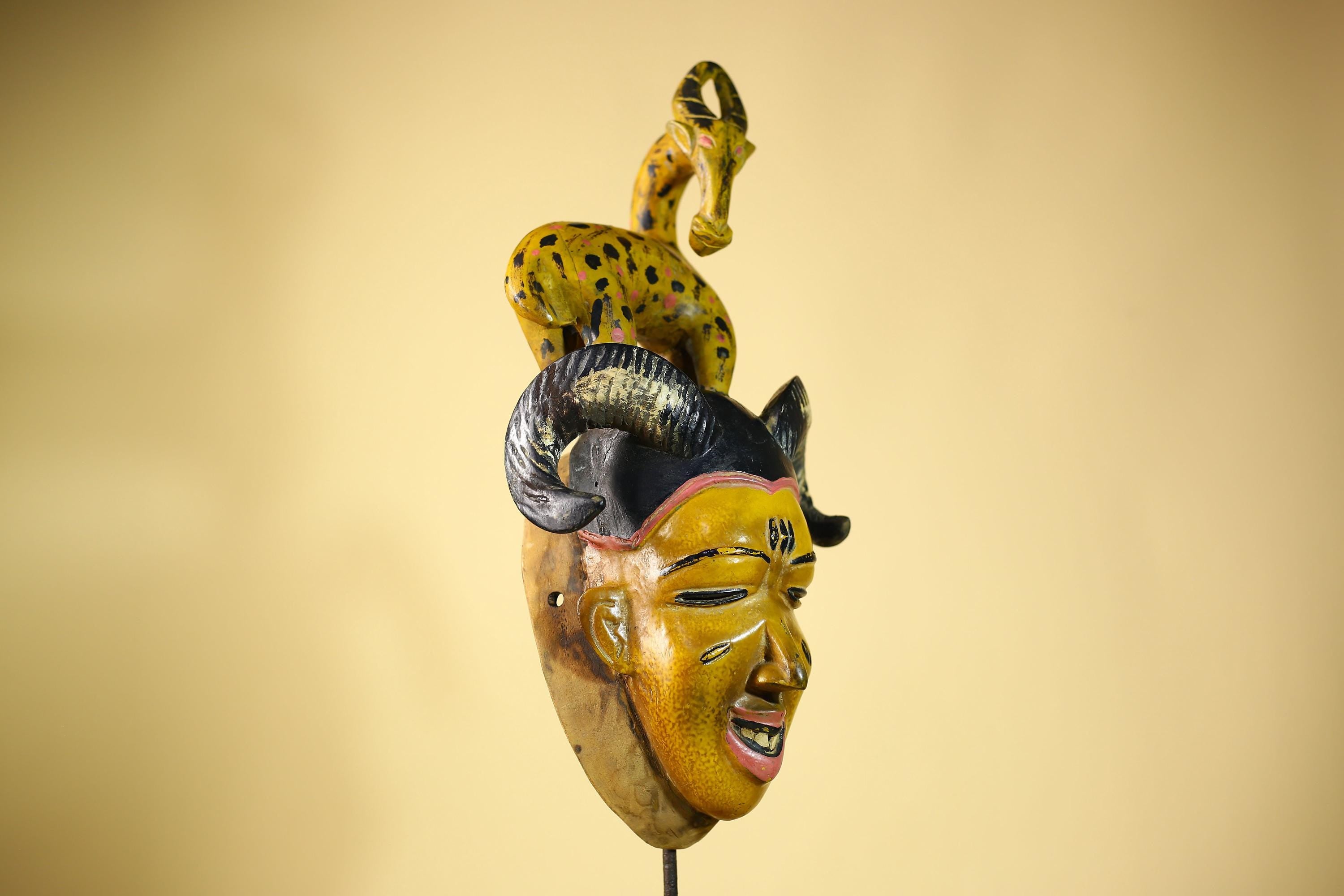 African Vintage Guro Tribal Mask with Spotted Antelope and Horns Figure Art-G6049