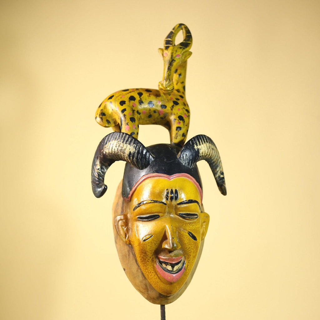 African Vintage Guro Tribal Mask with Spotted Antelope and Horns Figure Art-G6049