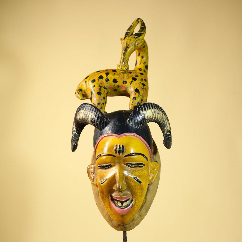 African Vintage Guro Tribal Mask with Spotted Antelope and Horns Figure Art-G6049