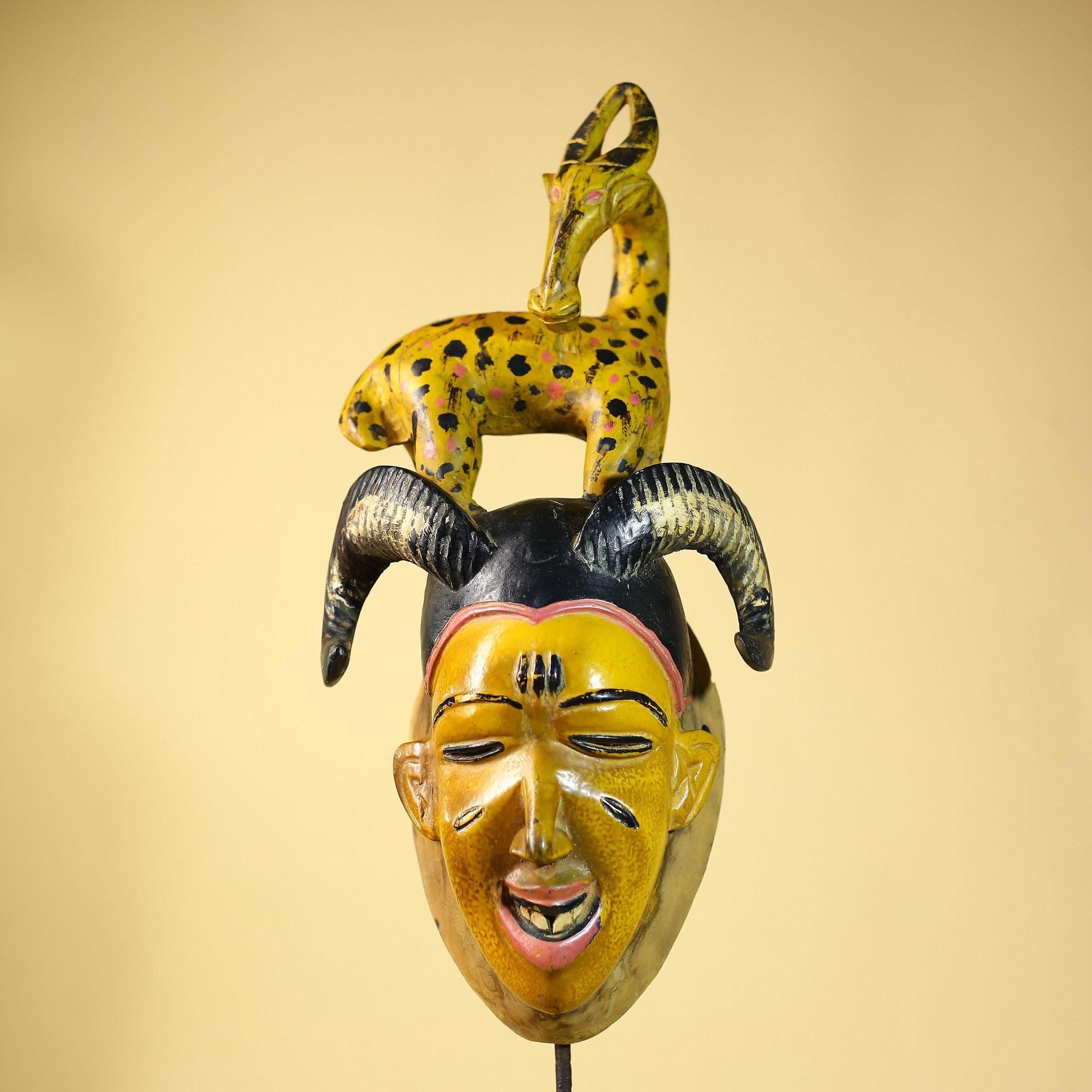 African Vintage Guro Tribal Mask with Spotted Antelope and Horns Figure Art-G6049