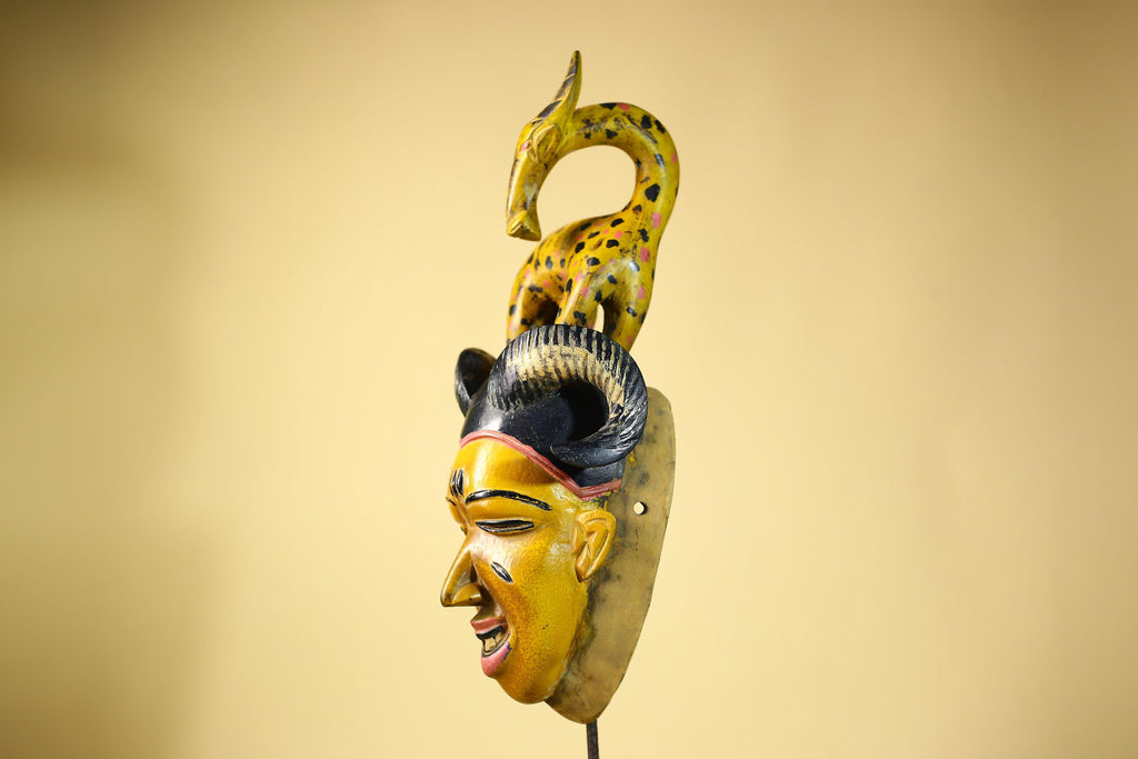 African Vintage Guro Tribal Mask with Spotted Antelope and Horns Figure Art-G6049