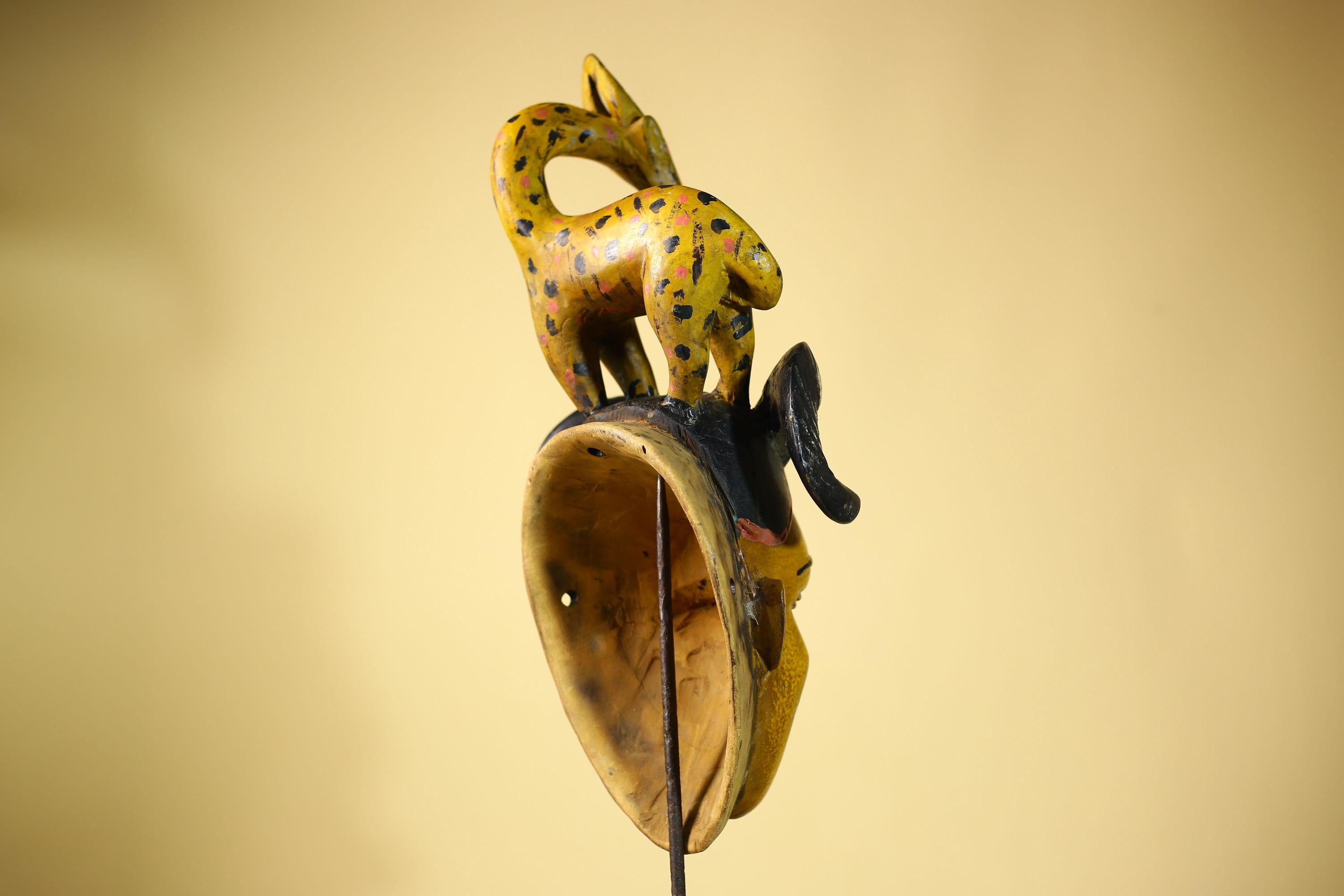 African Vintage Guro Tribal Mask with Spotted Antelope and Horns Figure Art-G6049