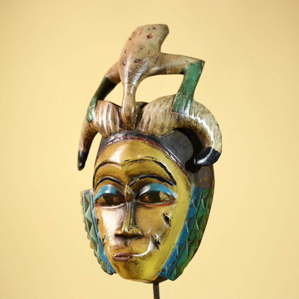 African Vintage Guro Mask with Horns & Carved Animal Top Tribal Art-G6050