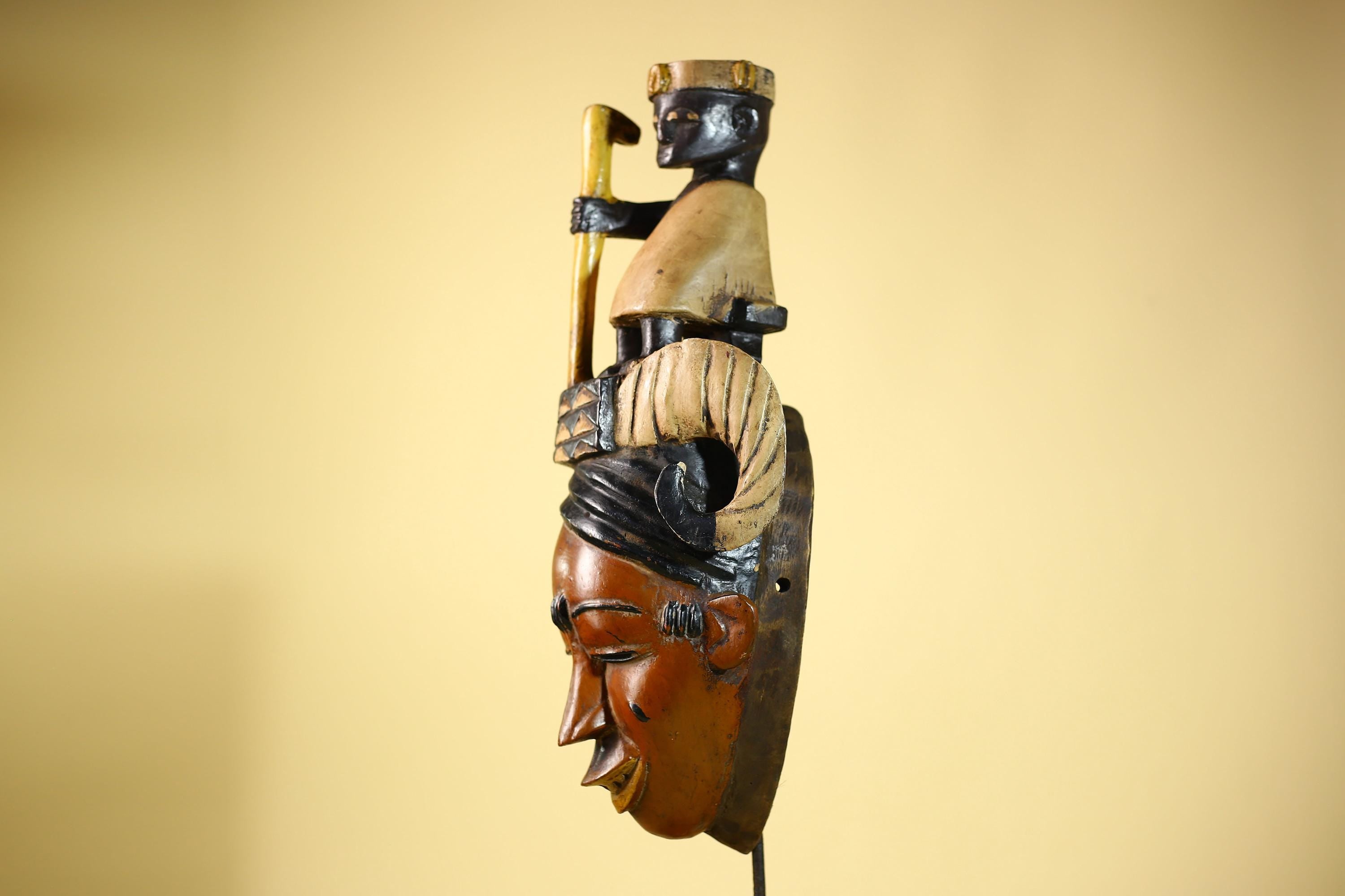 African Vintage Guro Mask With Figure & Horns Hand Carved Tribal Art Decor-G6051