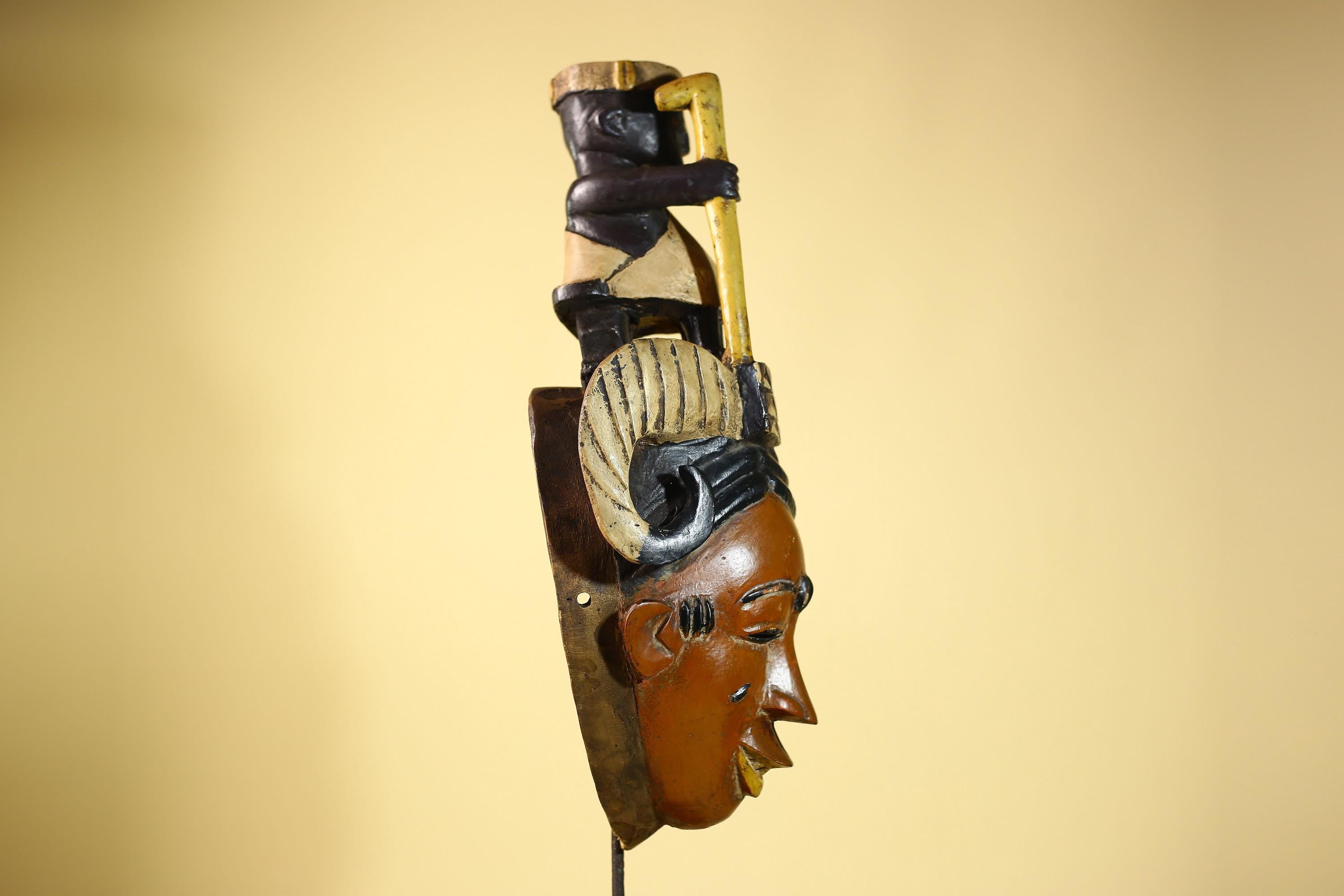 African Vintage Guro Mask With Figure & Horns Hand Carved Tribal Art Decor-G6051