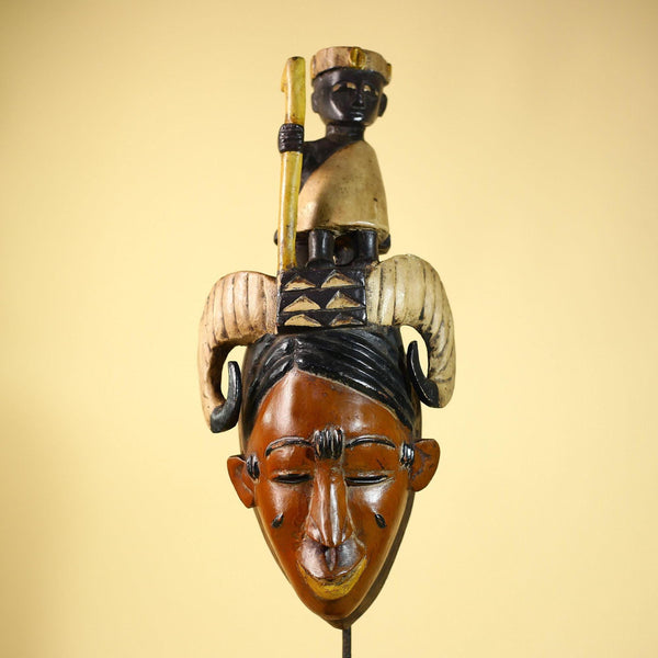 African Vintage Guro Mask With Figure & Horns Hand Carved Tribal Art Decor-G6051