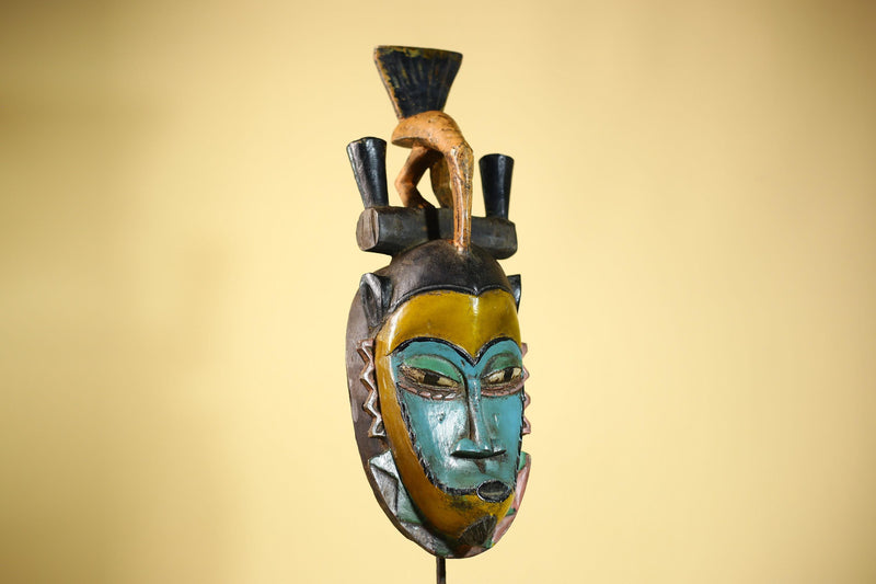 African Guro Mask with Bird Crest Hand Carved Tribal Art Wood Decor-G6052