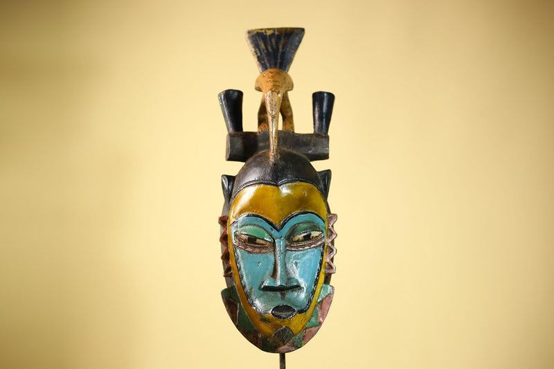 African Guro Mask with Bird Crest Hand Carved Tribal Art Wood Decor-G6052