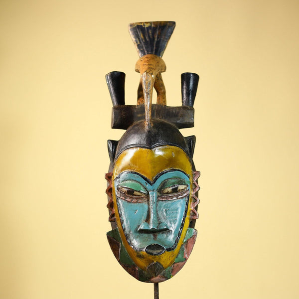 African Guro Mask with Bird Crest Hand Carved Tribal Art Wood Decor-G6052