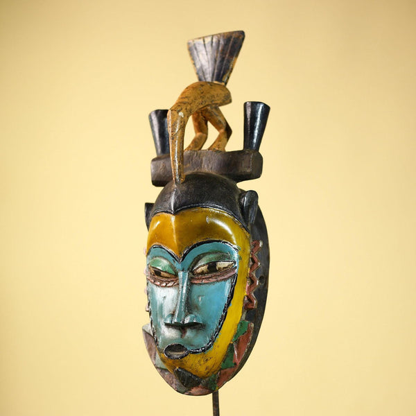 African Guro Mask with Bird Crest Hand Carved Tribal Art Wood Decor-G6052