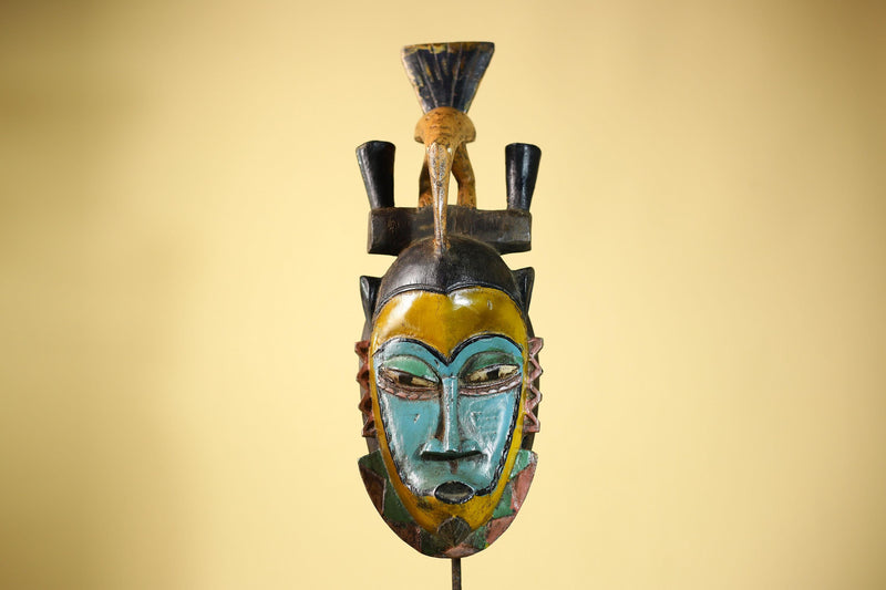 African Guro Mask with Bird Crest Hand Carved Tribal Art Wood Decor-G6052