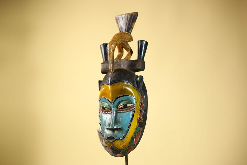 African Guro Mask with Bird Crest Hand Carved Tribal Art Wood Decor-G6052
