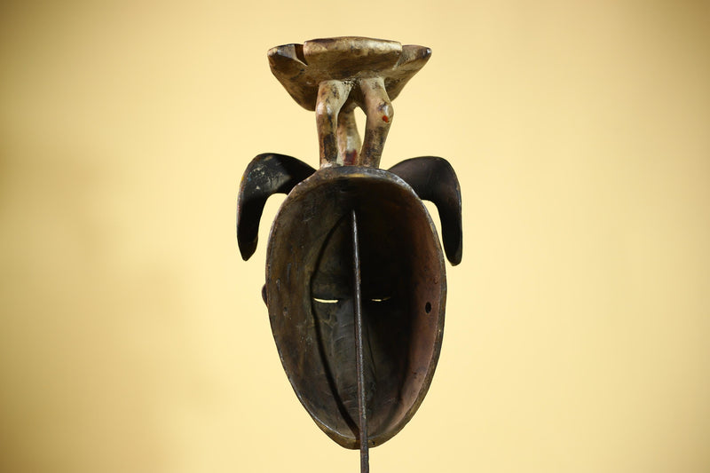 An African Hand Carved Guro Mask With Bird & Ram Horns Tribal Art Wall Decor-G6053