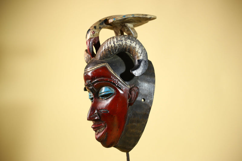 An African Hand Carved Guro Mask With Bird & Ram Horns Tribal Art Wall Decor-G6053