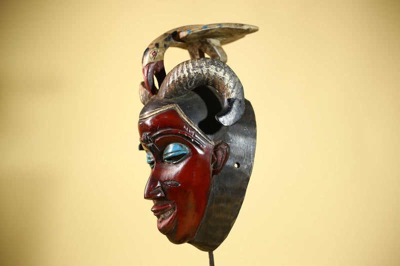 An African Hand Carved Guro Mask With Bird & Ram Horns Tribal Art Wall Decor-G6053