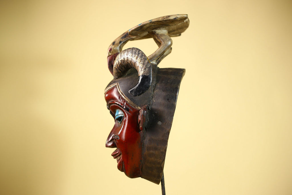 An African Hand Carved Guro Mask With Bird & Ram Horns Tribal Art Wall Decor-G6053