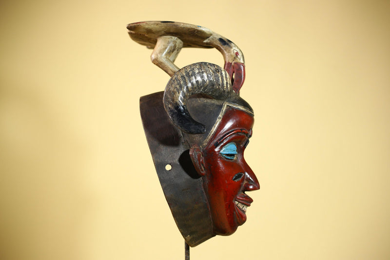 An African Hand Carved Guro Mask With Bird & Ram Horns Tribal Art Wall Decor-G6053