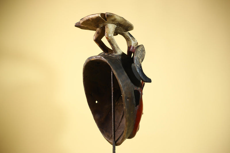 An African Hand Carved Guro Mask With Bird & Ram Horns Tribal Art Wall Decor-G6053