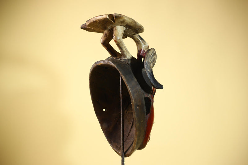 An African Hand Carved Guro Mask With Bird & Ram Horns Tribal Art Wall Decor-G6053