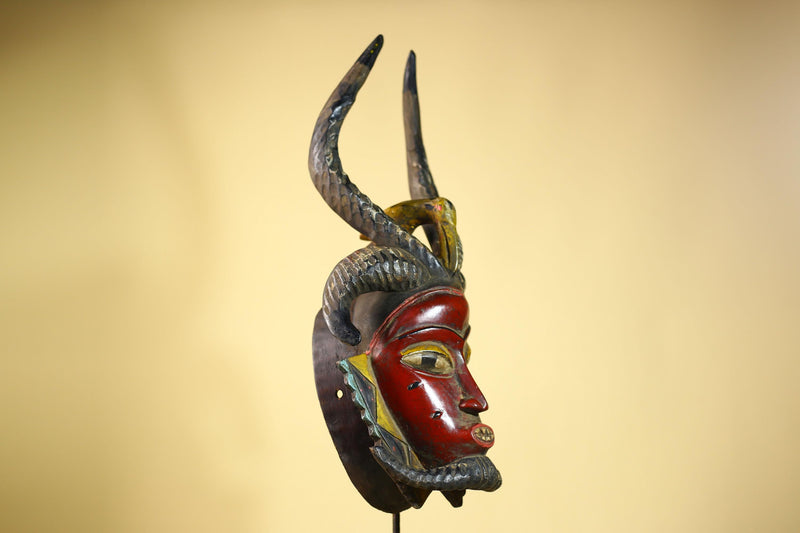 Guro African Mask Antelope Horns with Bird Carved Tribal Art Wall Decor-G6054