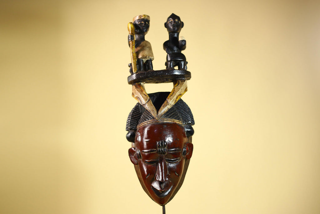 Guro African Mask with Seated Figures Hand Carved Tribal Wood Art Decor-G6055