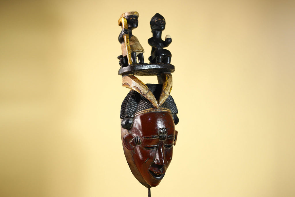 Guro African Mask with Seated Figures Hand Carved Tribal Wood Art Decor-G6055