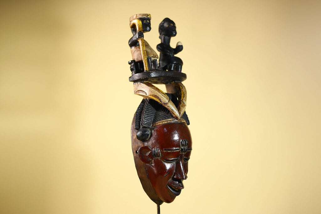 Guro African Mask with Seated Figures Hand Carved Tribal Wood Art Decor-G6055