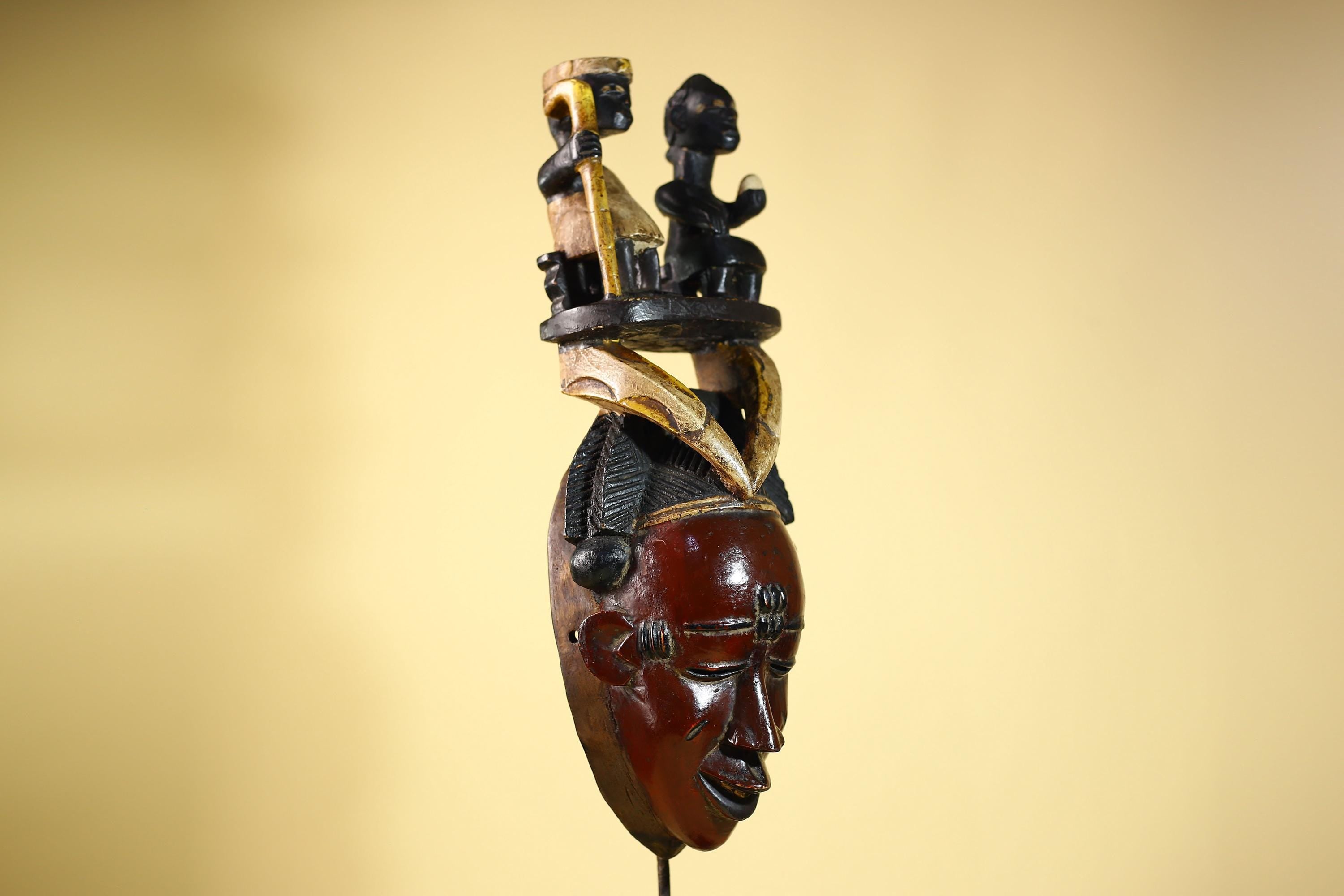 Guro African Mask with Seated Figures Hand Carved Tribal Wood Art Decor-G6055