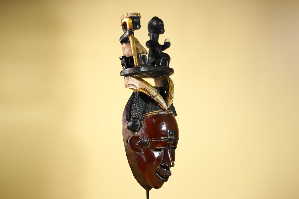 Guro African Mask with Seated Figures Hand Carved Tribal Wood Art Decor-G6055