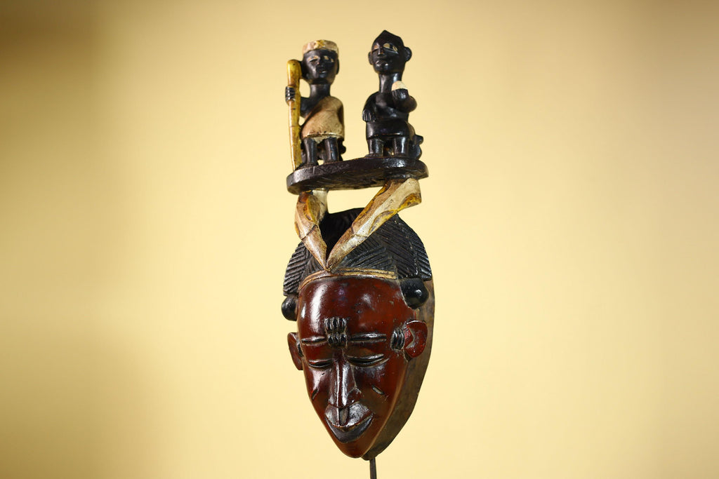 Guro African Mask with Seated Figures Hand Carved Tribal Wood Art Decor-G6055