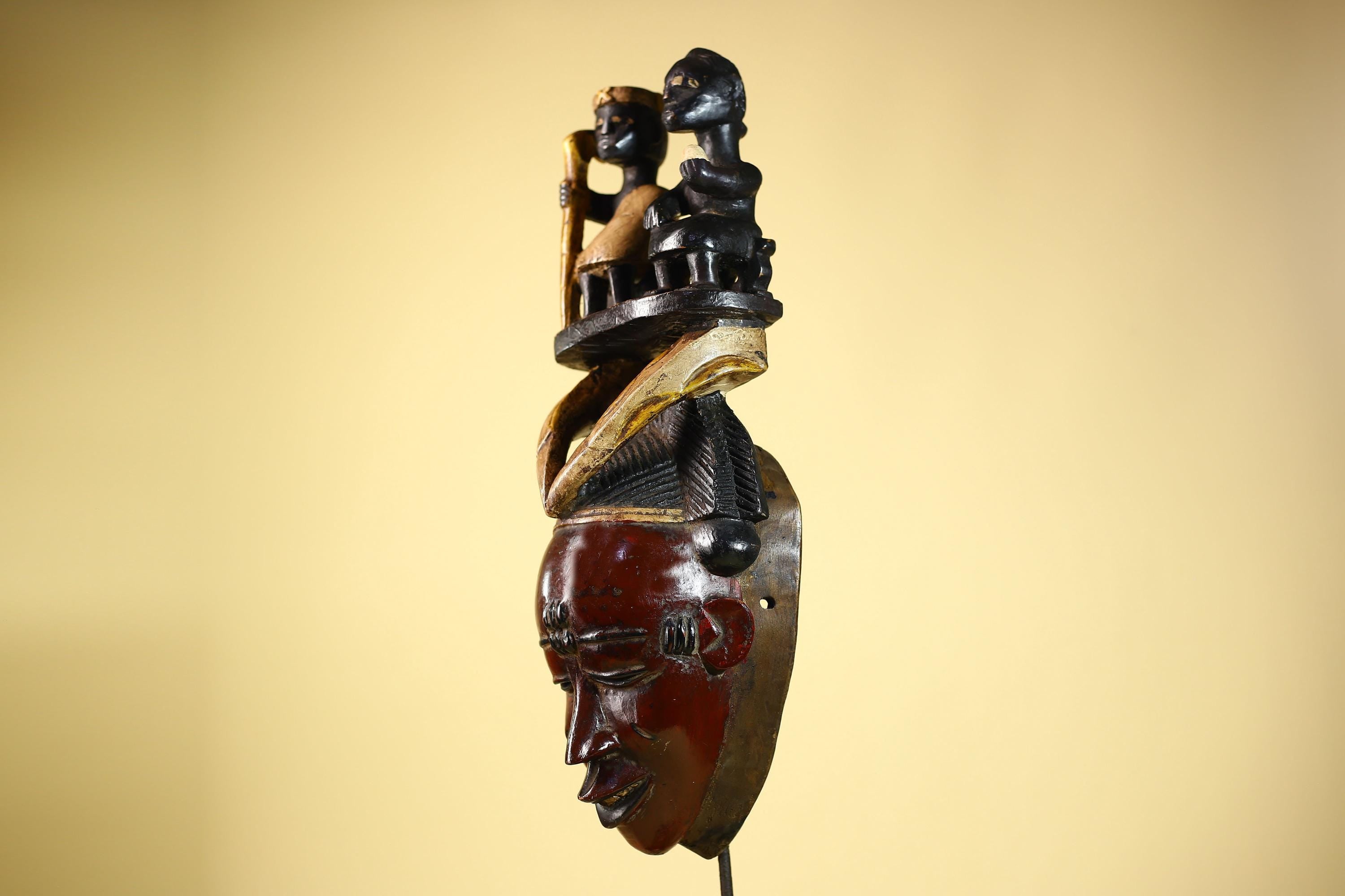 Guro African Mask with Seated Figures Hand Carved Tribal Wood Art Decor-G6055