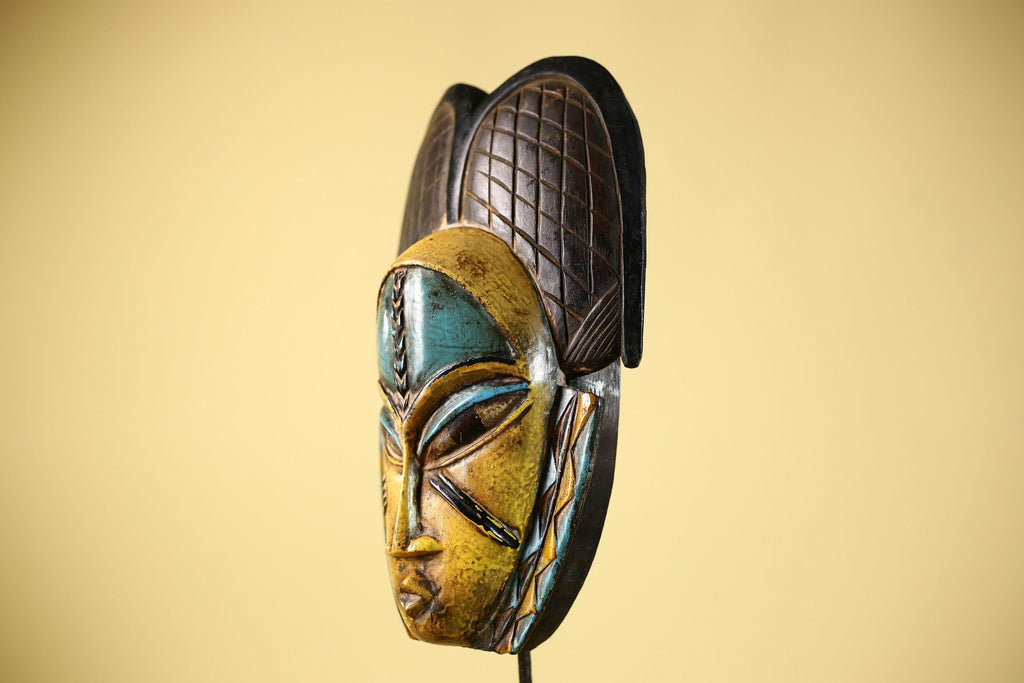 African Guro Mask with Carved Coiffure Hand Painted Tribal Wood Wall Decor-G6057