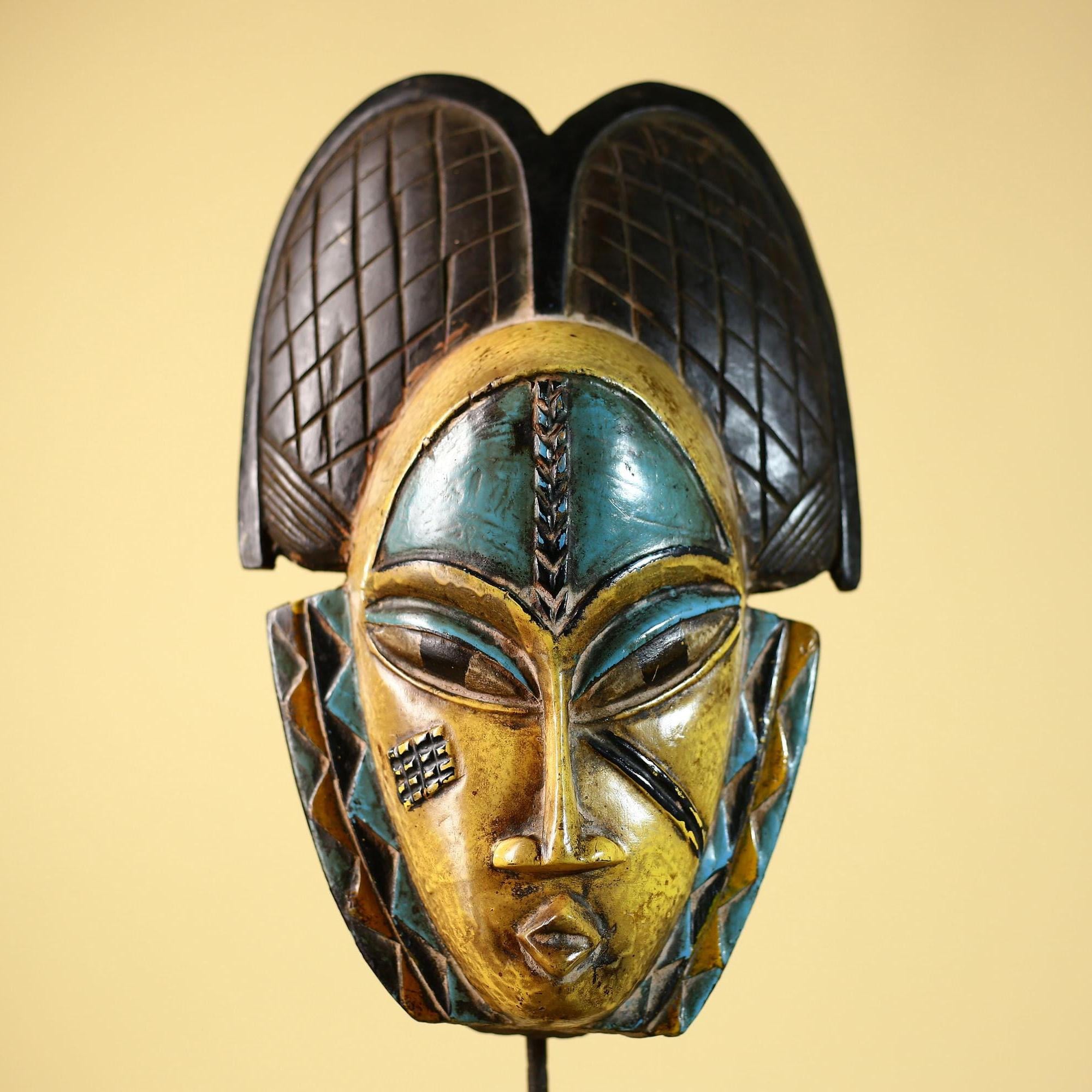 African Guro Mask with Carved Coiffure Hand Painted Tribal Wood Wall Decor-G6057