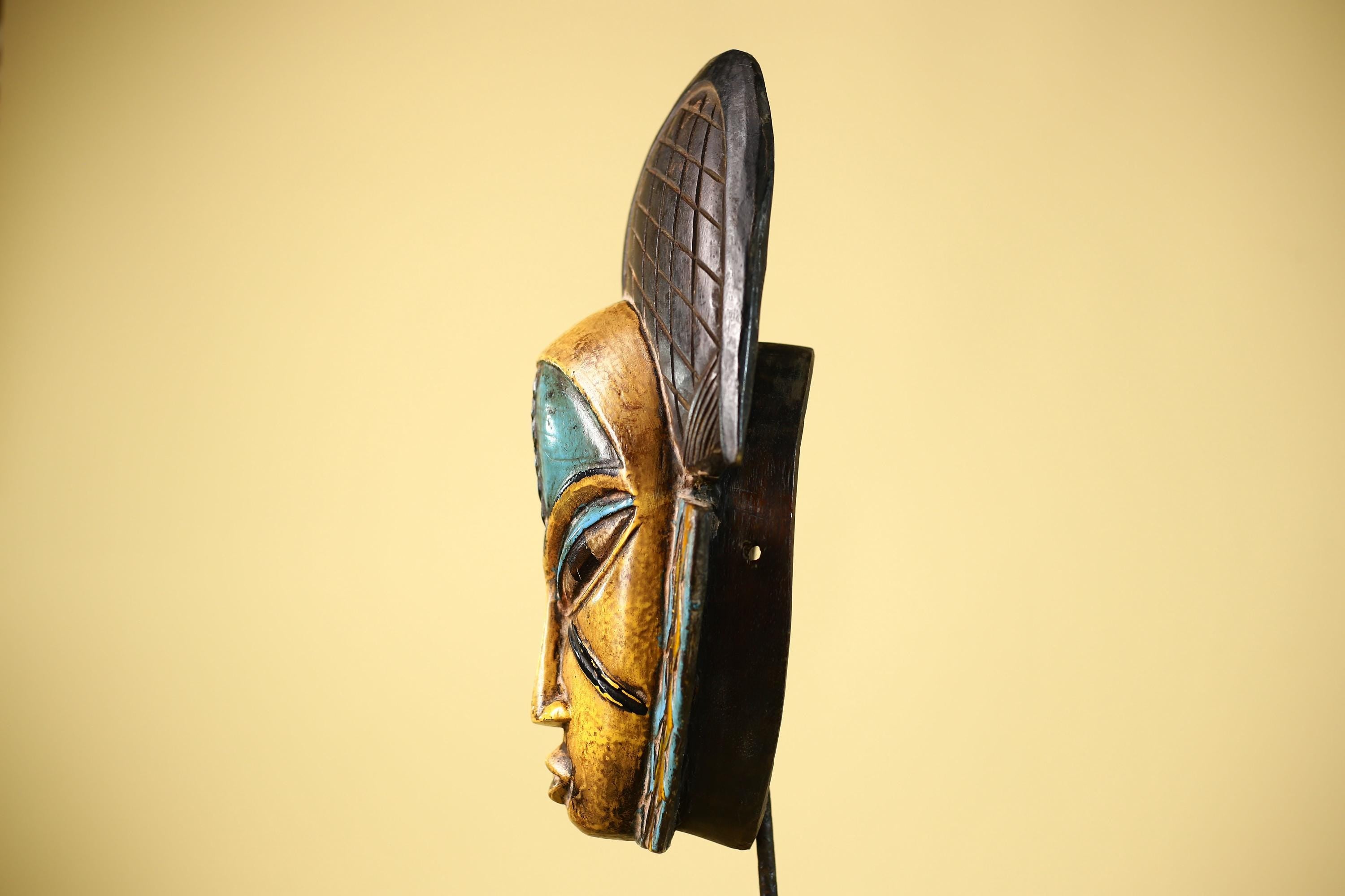 African Guro Mask with Carved Coiffure Hand Painted Tribal Wood Wall Decor-G6057