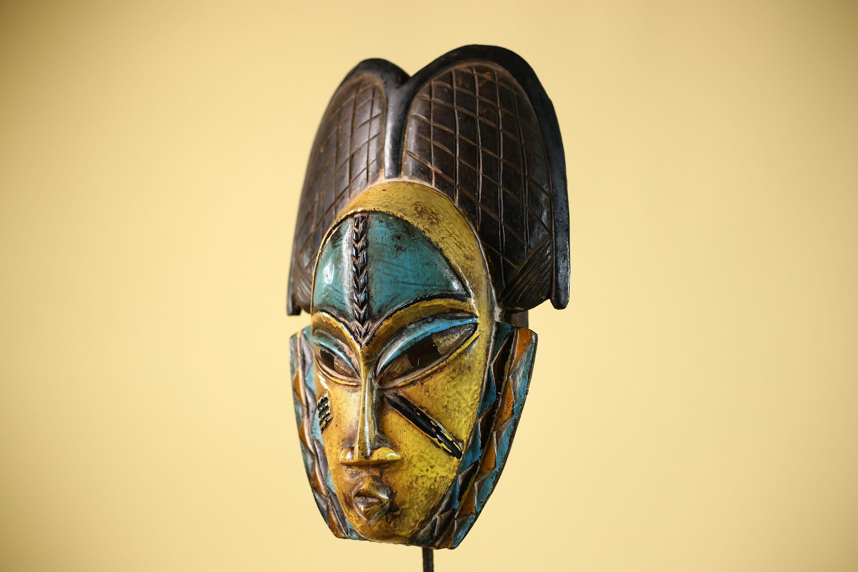 African Guro Mask with Carved Coiffure Hand Painted Tribal Wood Wall Decor-G6057