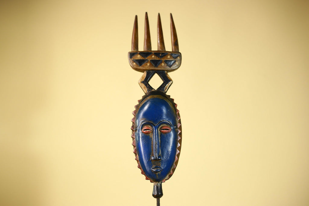 Guro African Mask with Comb Crest Hand Carved Tribal Blue Face Wood Decor-G6058