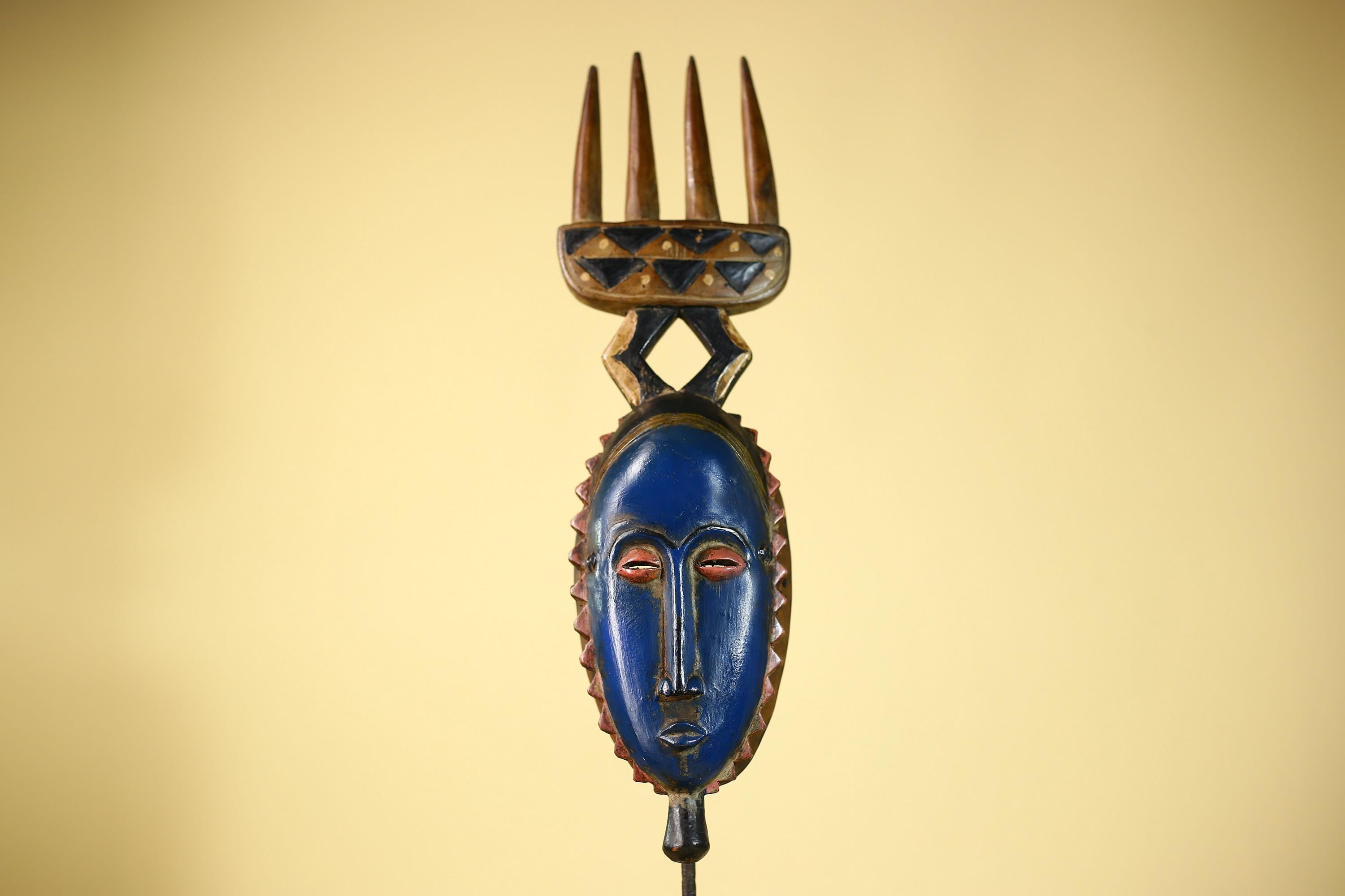 Guro African Mask with Comb Crest Hand Carved Tribal Blue Face Wood Decor-G6058
