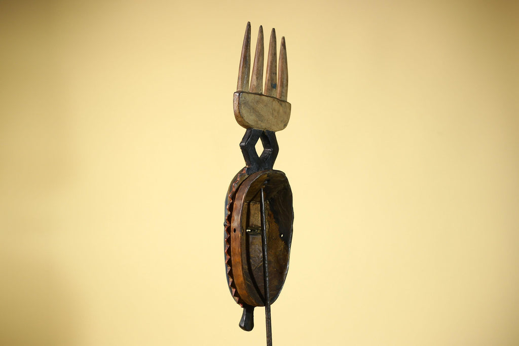 Guro African Mask with Comb Crest Hand Carved Tribal Blue Face Wood Decor-G6058