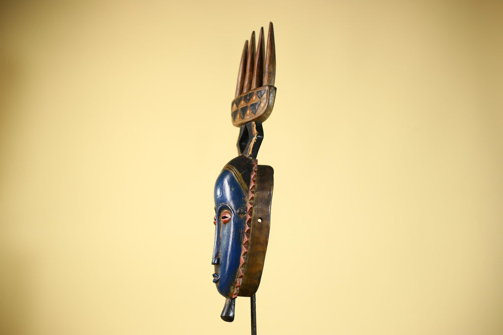 Guro African Mask with Comb Crest Hand Carved Tribal Blue Face Wood Decor-G6058