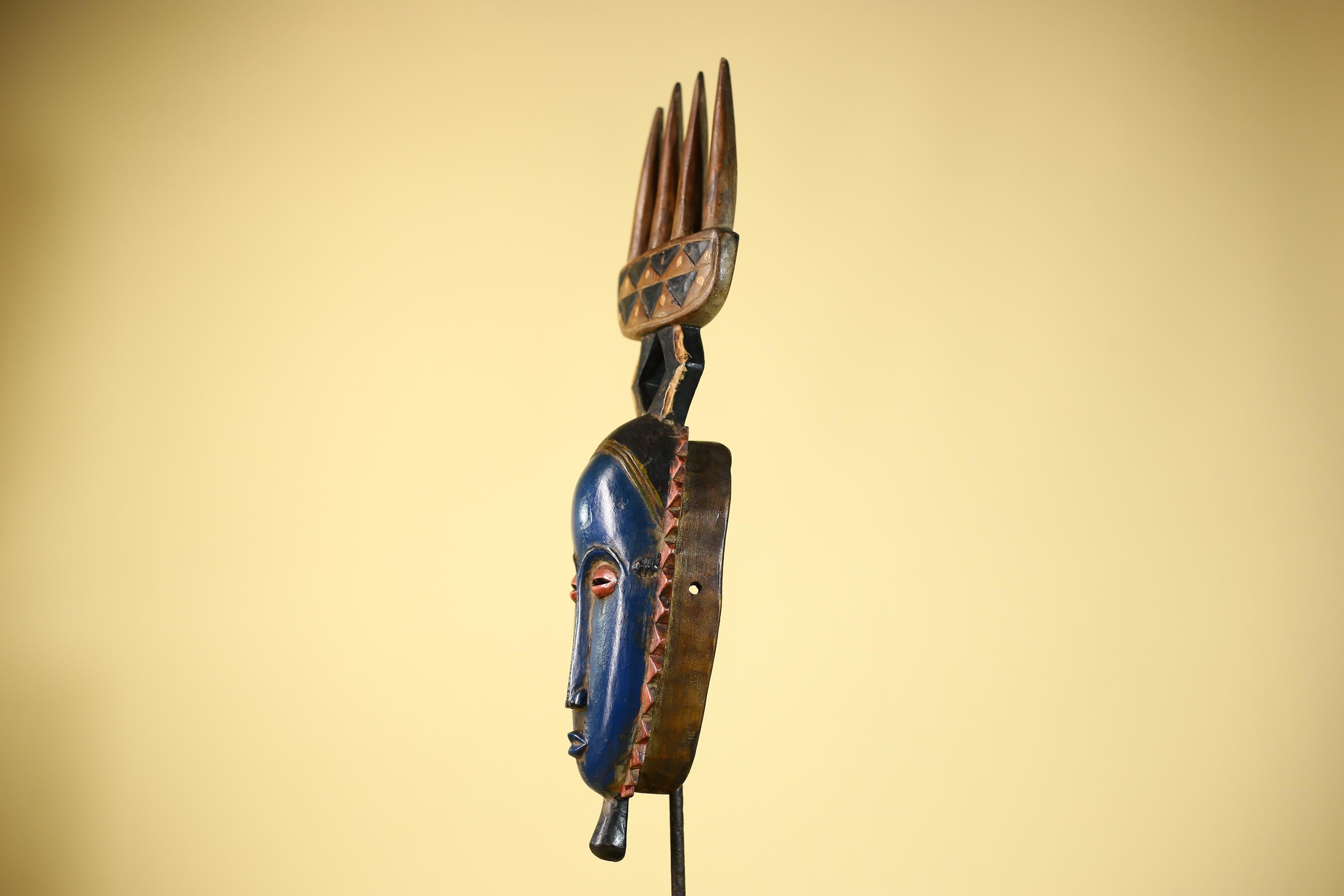 Guro African Mask with Comb Crest Hand Carved Tribal Blue Face Wood Decor-G6058