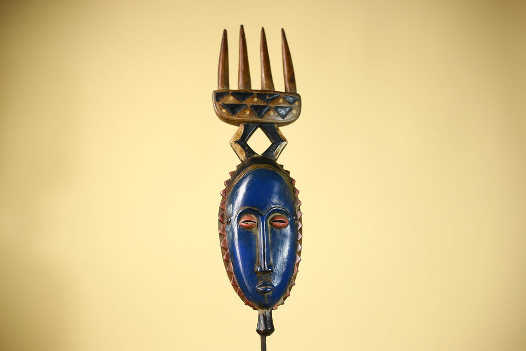 Guro African Mask with Comb Crest Hand Carved Tribal Blue Face Wood Decor-G6058