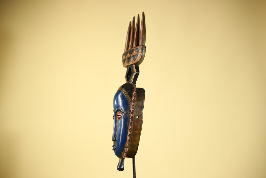 Guro African Mask with Comb Crest Hand Carved Tribal Blue Face Wood Decor-G6058