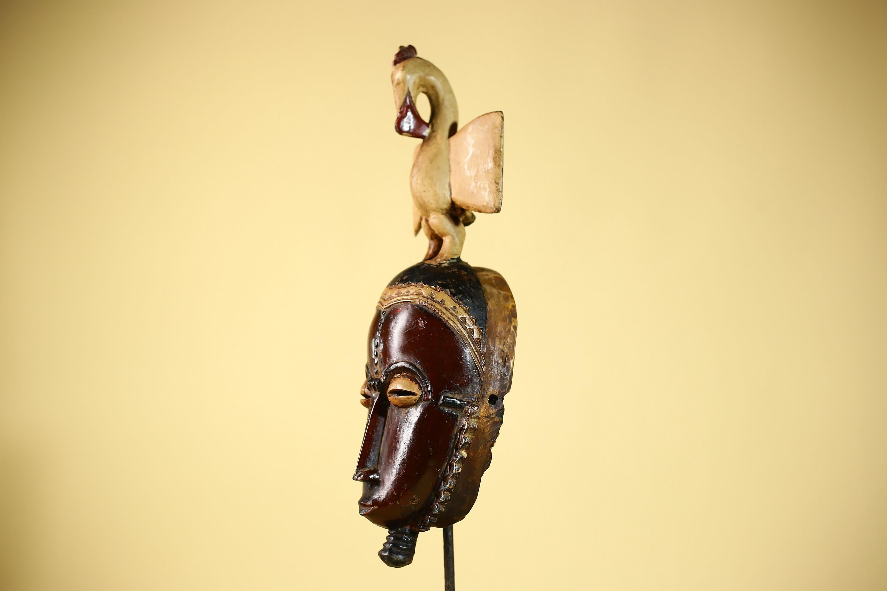 African Guro Mask with Bird Crest Hand Carved Tribal Wood Art Wall Display-G6059