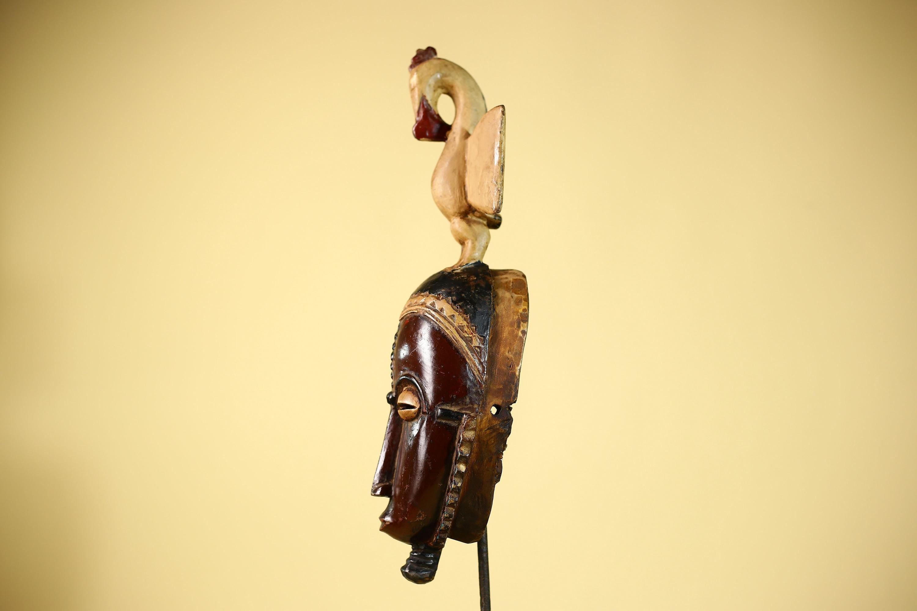 African Guro Mask with Bird Crest Hand Carved Tribal Wood Art Wall Display-G6059