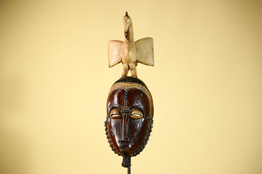 African Guro Mask with Bird Crest Hand Carved Tribal Wood Art Wall Display-G6059