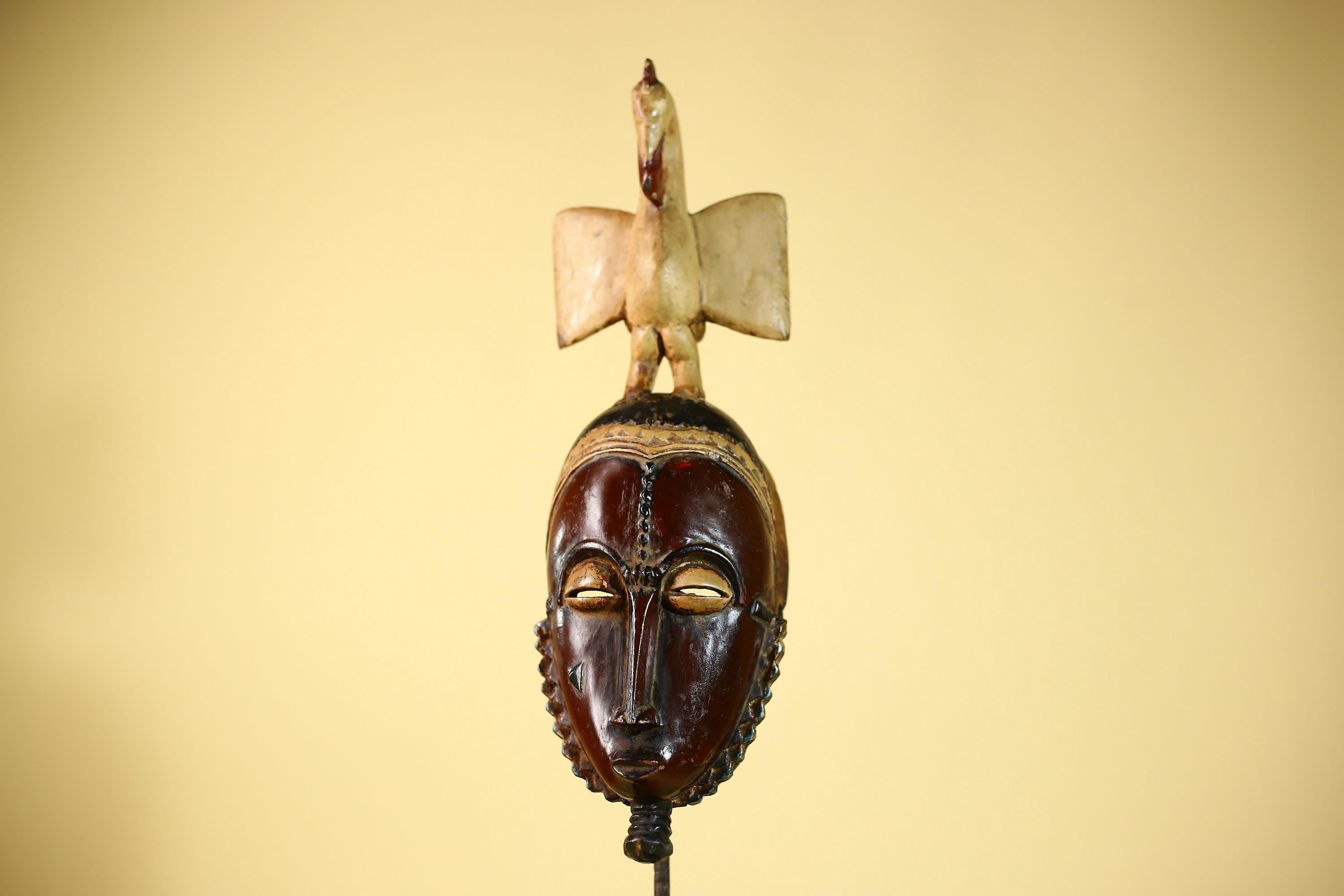 African Guro Mask with Bird Crest Hand Carved Tribal Wood Art Wall Display-G6059